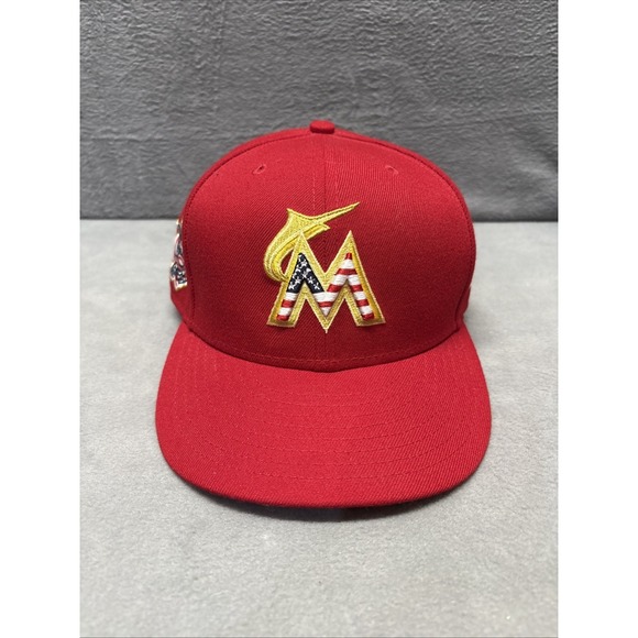 New Era Other - Miami Marlins Hat Cap Fitted 7 1/2 Red Logo 4th July Stars & Stripes MLB New Era